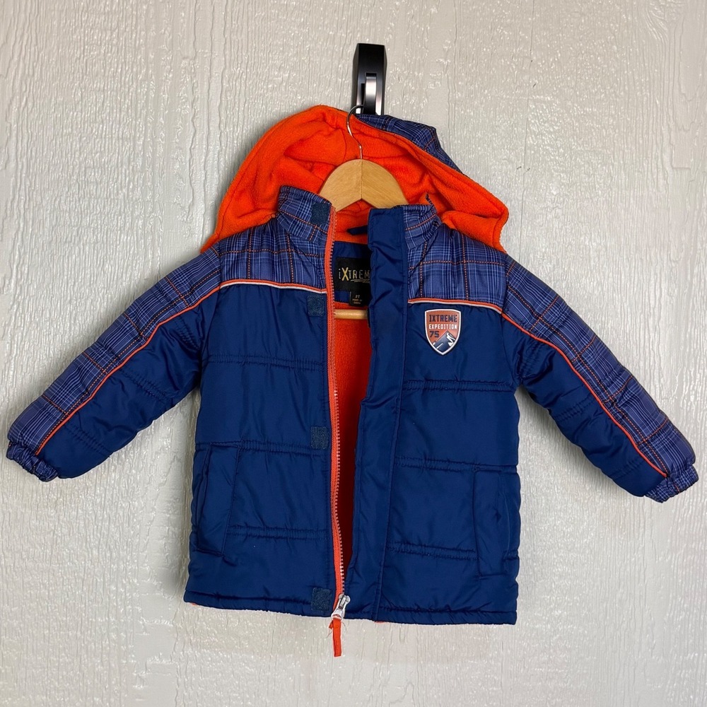 iXtreme Expedition 75 Boys Toddler Puffer Jacket Blue Orange Plaid Hooded 2TEUC